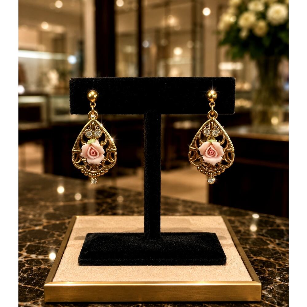 1928 Gold Tone Filigree Drop Pink Porcelain Rose Rhinestone Dangle Earrings